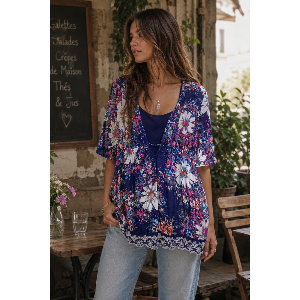 John Paul Richard 2 Pc Floral Lace Trim Tunic Top & Cami Mini Dress Purple Large - Picture 1 of 11